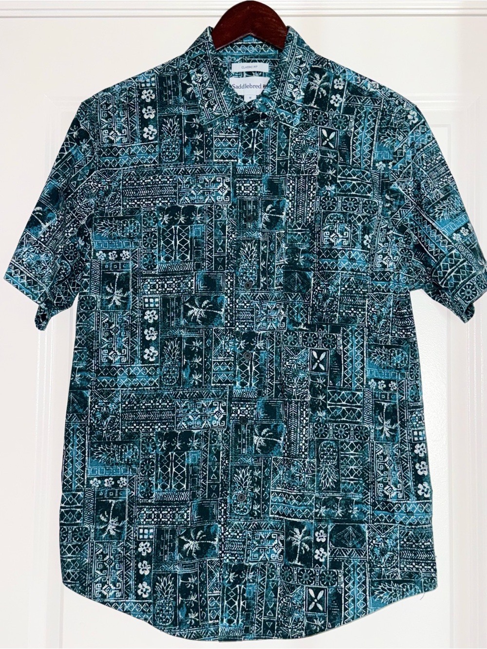 Saddlebred Classic Fit Mens Medium Hawaiian Teal Button Down Short Sleeve Shirt